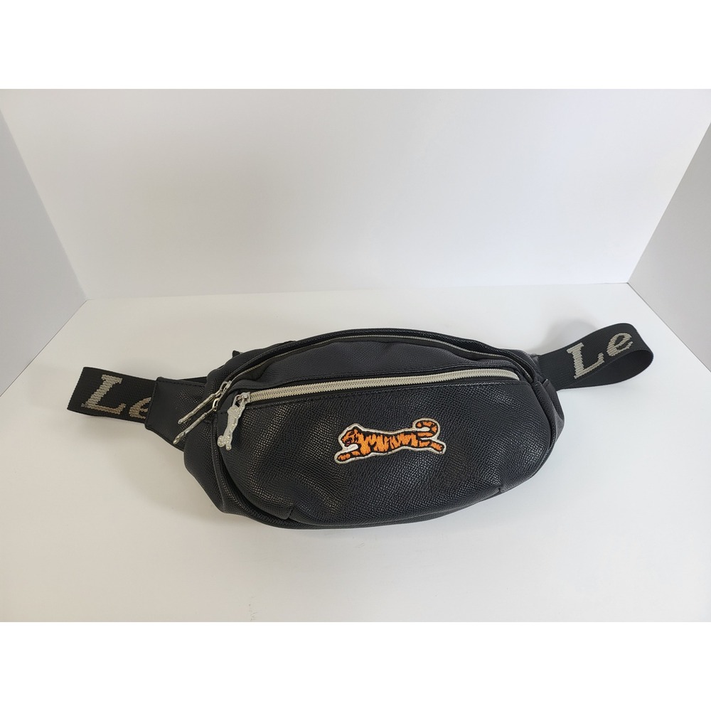 Le Tigre Black Pebbled Faux Leather Waist Bag Fanny Pack Embroidered Logo Strap
